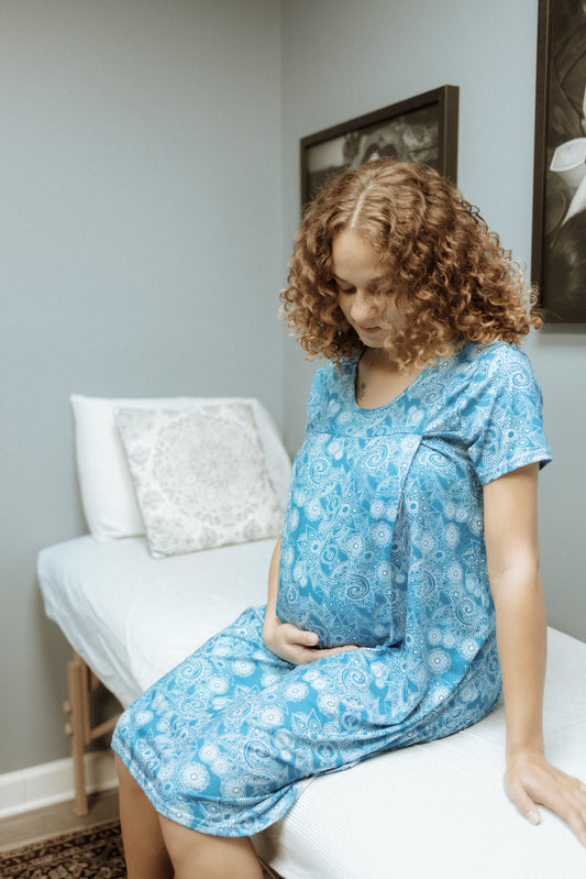 Elegant Maternity Nursing Nightgown with Paisley Design –  Sky Blue