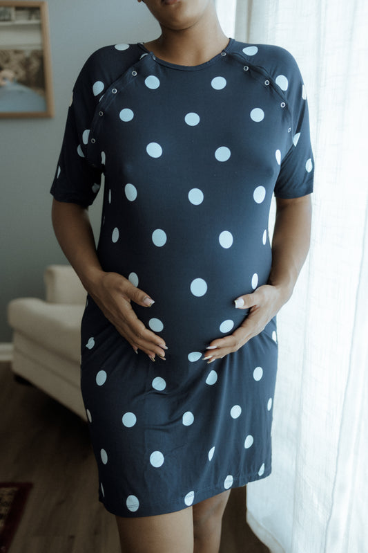 Chic Maternity Nursing Polka Dot/Delivery Gown – Navy Blue