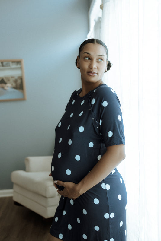 Chic Maternity Nursing Polka Dot/Delivery Gown – Navy Blue