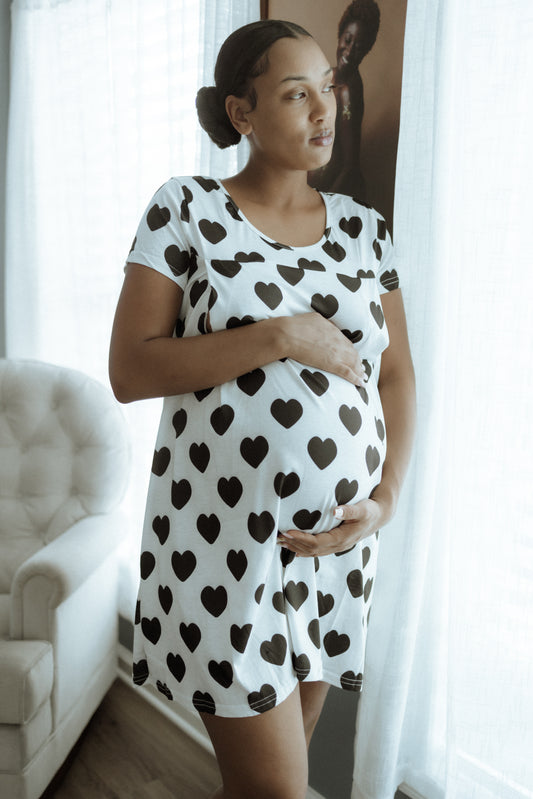 Maternity Nursing Nightgown with Black Heart Print – White